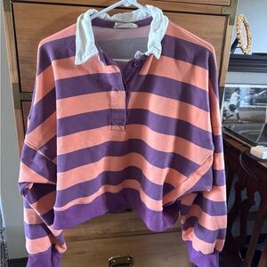 Striped Purple and Orange Collared Sweatshirt semi-cropped